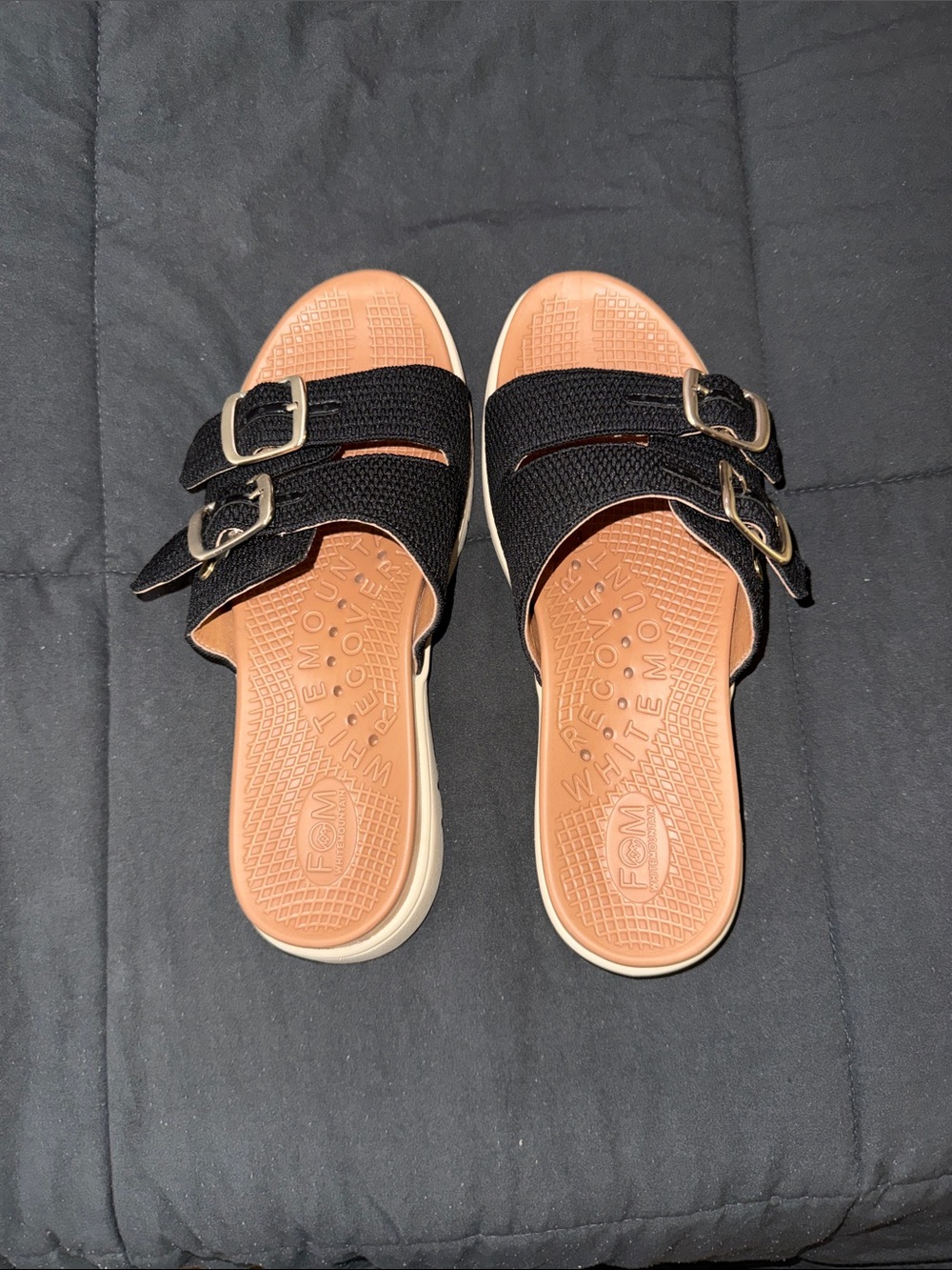 White Mountain Black Double-Buckle Slide Sandals with Tan Footbed